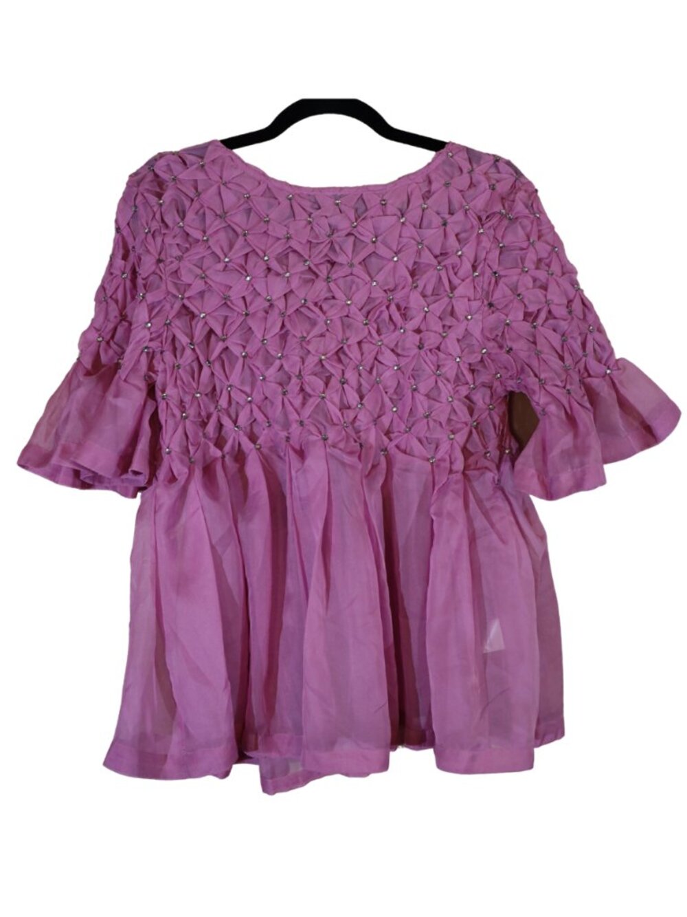 Anthropologie Maeve Rhinestone Sheer Babydoll Blouse in Pink / Magenta